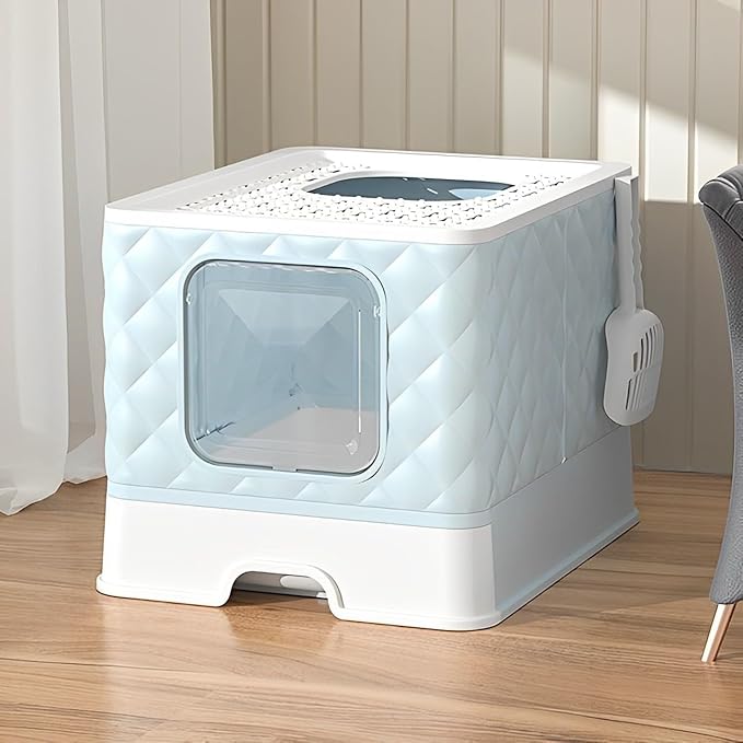 Gagee Foldable Cat Litter Box, Extra Large Front Entry Top Exit Box with Lid, Drawer Type Enclosed Kitty Scoop, Anti-Splashing Toilet Easy Cleaning,Blue