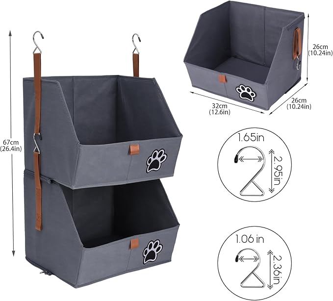 2-Tier Dog Shelves Storage Organizer, Dog Toy Basket, Hanging Closet Organizer for Pet, Fabric Storage Bins Dog Cabinet, Collapsible Baskets for Dog Toys,Colloar,Clothes,Blanket -Grey