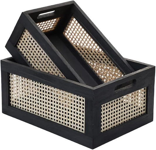 Wood Baskets, Rattan Storage Baskets for Organizing, Black, Set of 2