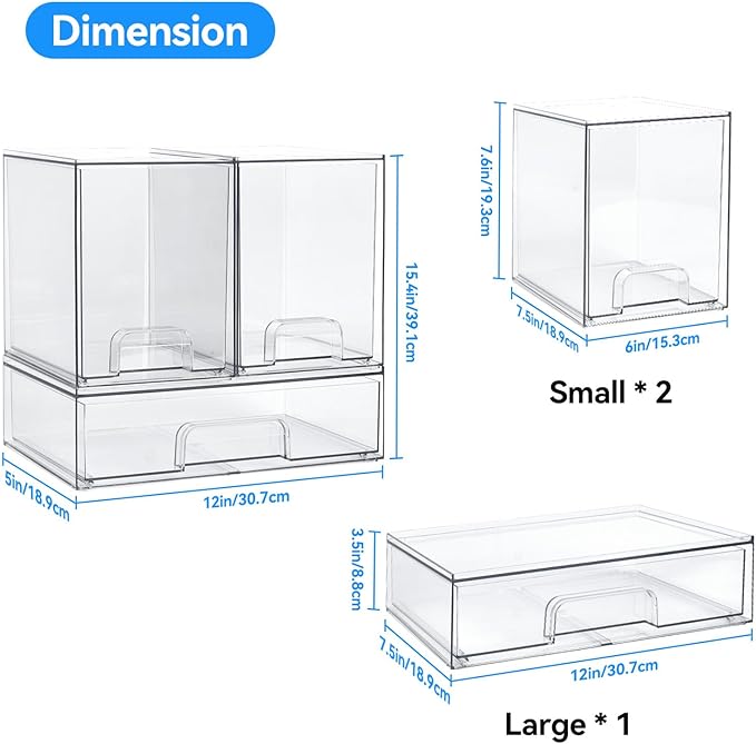OTraki Baby Bottle Organizer, 3 Pack Stackable Storage Drawers with Labels, Clear Stackable Storage Drawers Acrylic Bottles Station for Pacifiers, Pump Parts, Desk Organizer Bins for Countertop