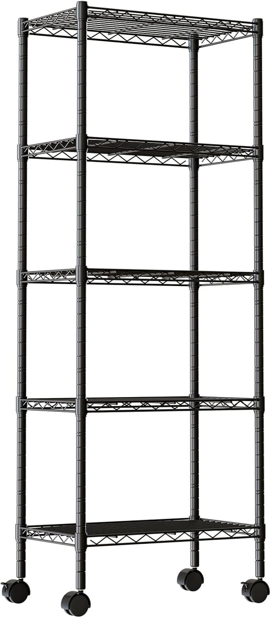 DUMOS 5 Tier Metal Shelving, Heavy Duty Shelves Wire Shelving Unit with Removable Wheel Casters, Shelves Organizer for Bathroom Garage Living Room Kitchen Pantry Laundry Black