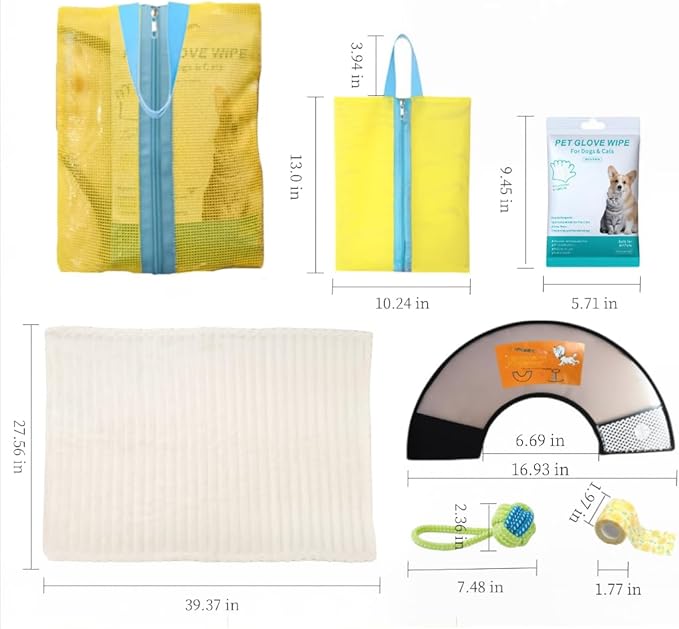 6 Pcs Surgery Recovery Kit for Dogs Cats –Adjustable Dog Cone & Fluffy Dog Blanket(27''x39'') – Get Well Soon – Cleaning Wipes,Calming Toy, Bandages & Mesh Bag – Sympathy Gift for Pet (yellow-S)