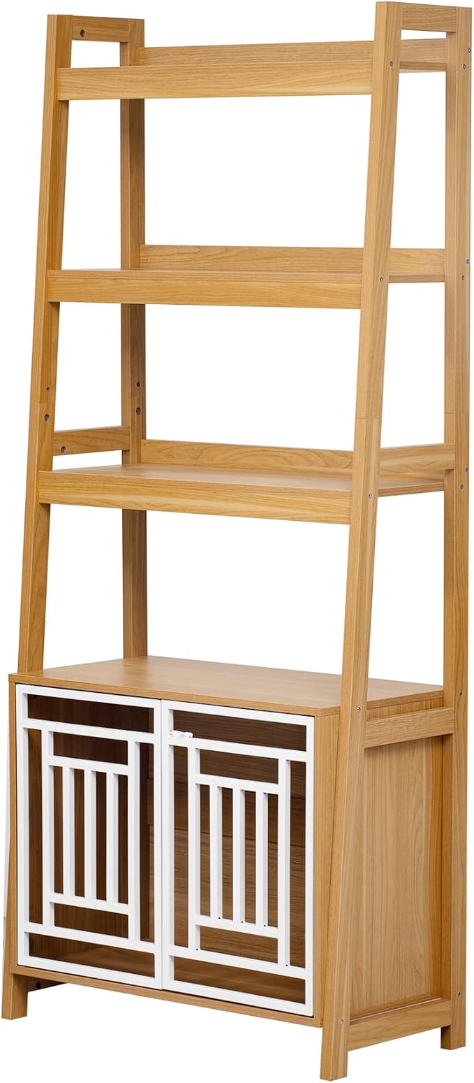 2-in-1 Modern Dog Crate & Bookcase - Space-Saving Leaning Ladder Design with Storage Shelves, Ancient Oak MDF & Steel, 76" H for Small to Medium Pets