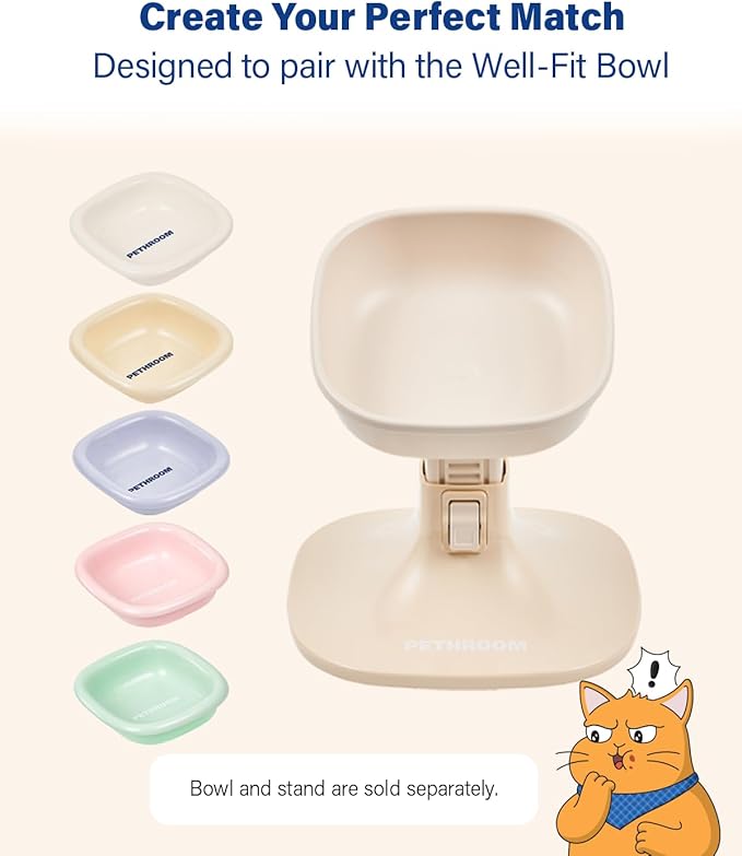 PETHROOM Well Fit Elevated Dog Bowl Stand – Adjustable Height 4.5–7.4 in with 0–22° Tilt, Stable Non-Slip Feeding Stand for Dogs & Cats, Bowl Not Included, Beige