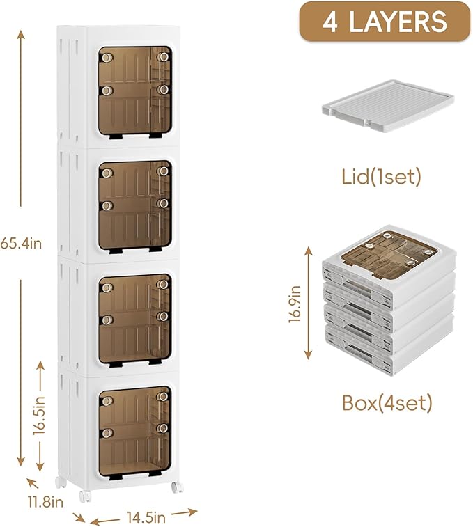 JEKO&JEKO 195 Qt Narrow Bathroom Storage Cabinet, 4-Tier Slim Tall Cabinet Organizer with Wheels, Foldable Plastic Storage Bin for Small Spaces, White