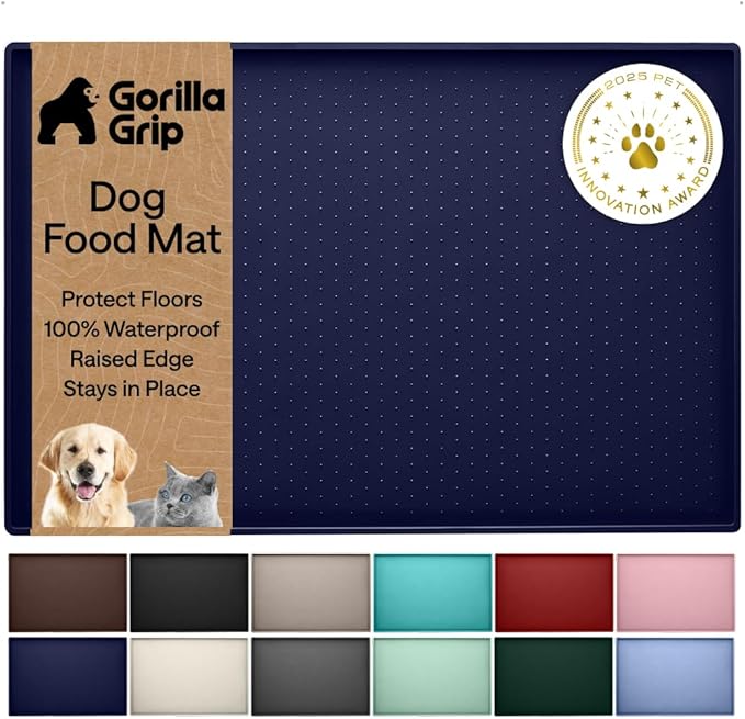 GORILLA GRIP 100% Waterproof Raised Edge BPA Free Silicone Pet Feeding Mat, Dog Cat Food Mats Contain Spills Protects Floors, Placemats for Cats and Dogs Water Bowl, Pets Accessories 28x18 Navy