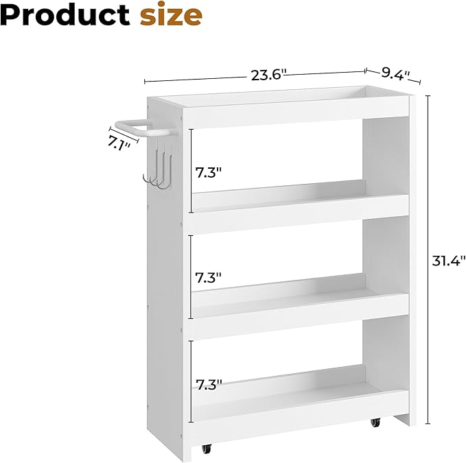 LIKIMIO 4 Tier Slim Storage Cart with Hooks, Wheels, Handle, Slide-Out Rolling Utility Cart for Small Spaces Kitchen, Narrow Mobile Shelving Unit Organizer Trolley, 23.6" L x 9.4" W