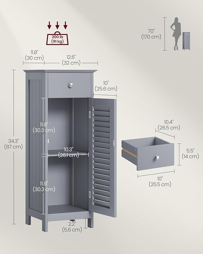 VASAGLE Storage Cabinet, Small Slim Floor Cabinet with Drawer and Shutter Door, for Living Room, Bathroom, 11.8 x 12.6 x 34.3 Inches, Dove Gray UBBC043G02