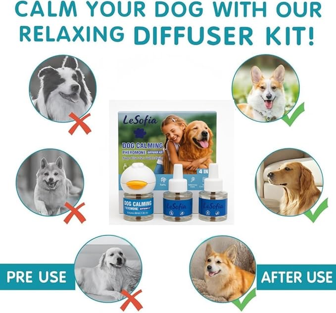 Dog Pheromones Calming Diffuser, 90-Day Dog Calming Diffuser - 1 Diffuser & 3 Refills Top Advantageous Kit Dog Calming Diffuser – Helps Reduce Scratching,Peeing,Hiding Urine,Marking Aggression