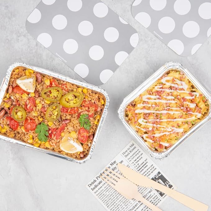 Restaurantware 16 Ounce Disposable Takeout Containers 50 Rectangle Food Containers - With Polka Dot Lids Silver Takeaway Containers Aluminum Delivery Containers Freezable