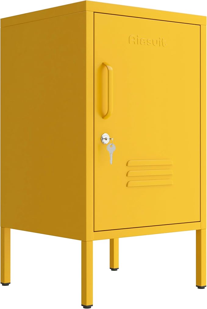 Single Door Lockable Metal End Table, 2-Tier Storage Cabinet with Adjustable Shelf, Easy Assembly Side Table for Living Room Bedroom Home Office, Yellow 28" H x 13.8" W x 15" D