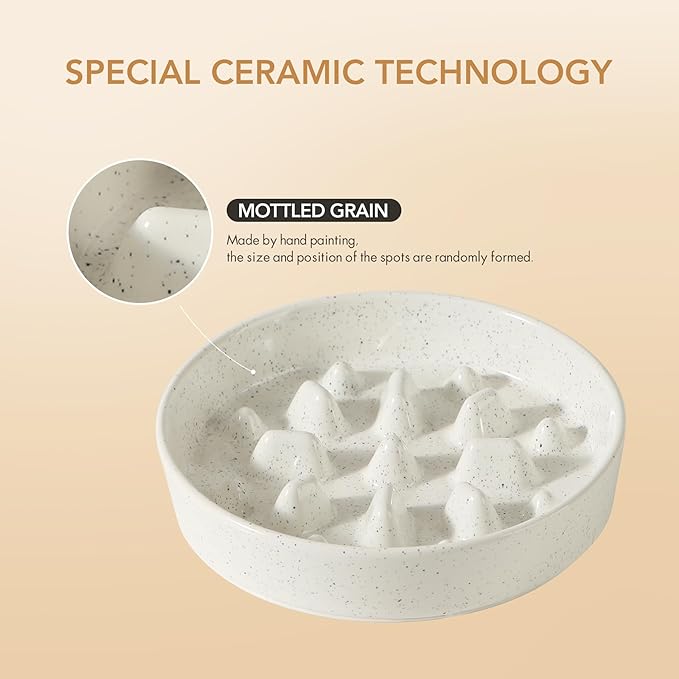 Ceramic 1.6 Cup Dog Bowl Slow Feeder for Fast Eaters, 8.2inch Slow Pet Food Dish for Medium and Large Dog, Stop Bloat, Preventing Choking(Single Bowl, Vanilla White)