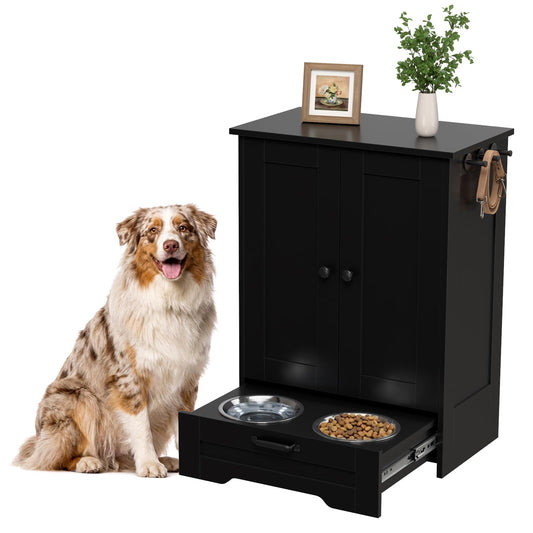 Dog Feeding Station with Storage Cabinet, Black Wood Dog - Image 1