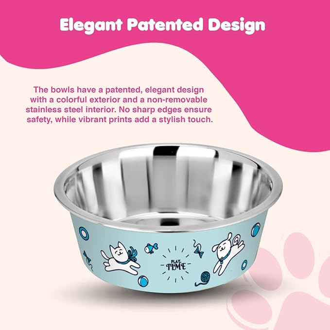Stainless Steel Dog Bowls | Cat Bowls (Set of 2) - Anti Skid Dog Water Bowl | Cat Water Bowl - Dishwasher Safe - 13oz / 400ml – 12.3cm (Pale Turquoise Playtime Print)