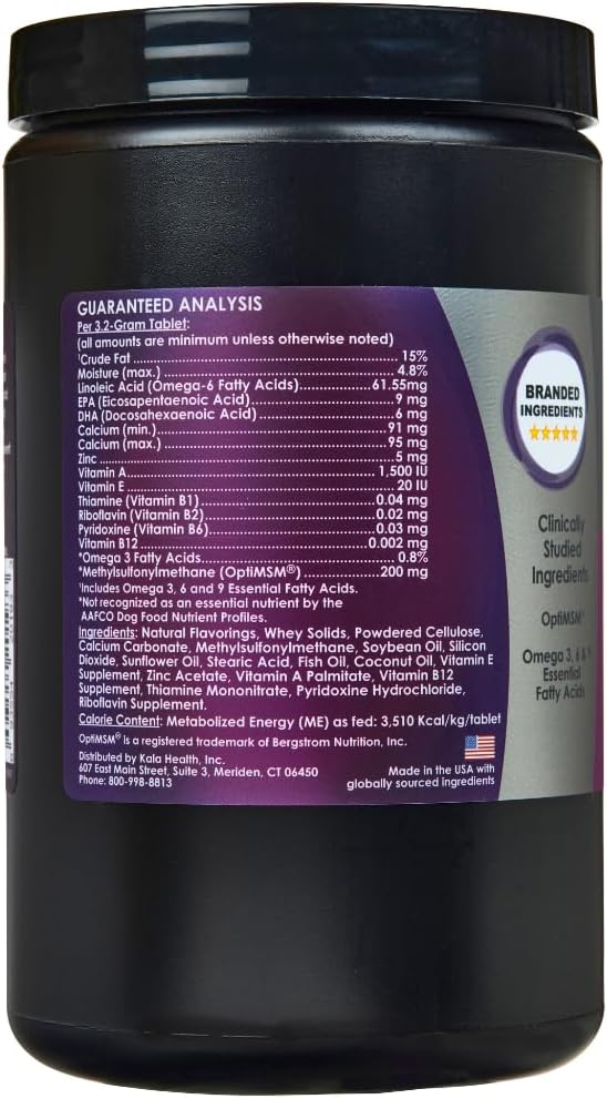Kala Health PeakTails Skin & Coat Support for Dogs – 150 Chewable Tablets with MSM, Fish Oil, Omega-3 & Omega-6 – Supports Healthy Skin, Shiny Coat