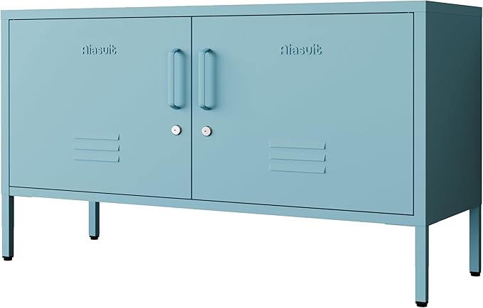 Blue Metal Storage Cabinet with Lock, 2-Door Wide Organizer, Adjustable Shelves, Multifunctional TV Stand & Entertainment Center for Bedroom, Living Room, 24" H x 39.4" W x 15" D