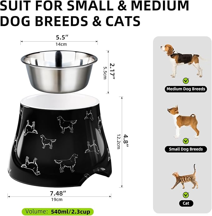Elevated Dog Bowls with Stainless Steel Bowl, Prevention of Vertebrae Disease Dog Food Bowl, Non-Slip and High Capacity Pet Bowls M/2 Cup Black