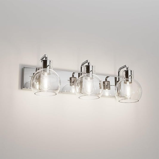 Tipace Modern Bathroom Vanity Lighting Fixtures 3-Lights Industrial Stainless Steel Chrome Finish with Globe Clear Glass Vanity Lights Farmhouse Bath Lighting(Exclude Bulb)