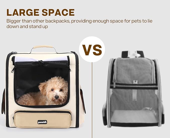 Pecute Cat Carrier Backpack Pet Carrier Backpack Widen Large Space, Stable Pet Backpack for Cat Small Dog, Ventilated Pet Backpack Miniature Dachshund Bag Suitable for Hiking, Camping, Khaki