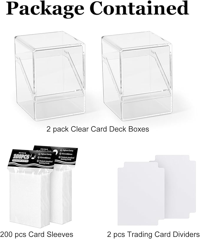 2 Pack Card Deck Boxes, Deck Case and 200Pcs Card Sleeves with Dividers, Standard Clear Commander Cards Storage Box Perfect Fit for MTG, Sport, Trading Cards (White)