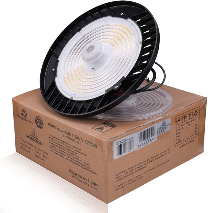RuggedGrade 150W - Titan VI Series LED High Bay Light UFO with Motion Sensor - 24,750 Lumens - Color Selectable on Fixture 3000K/4000K/5000K - Warehouse, Multisport Gyms/Workshops - DLC 5.1 Premium