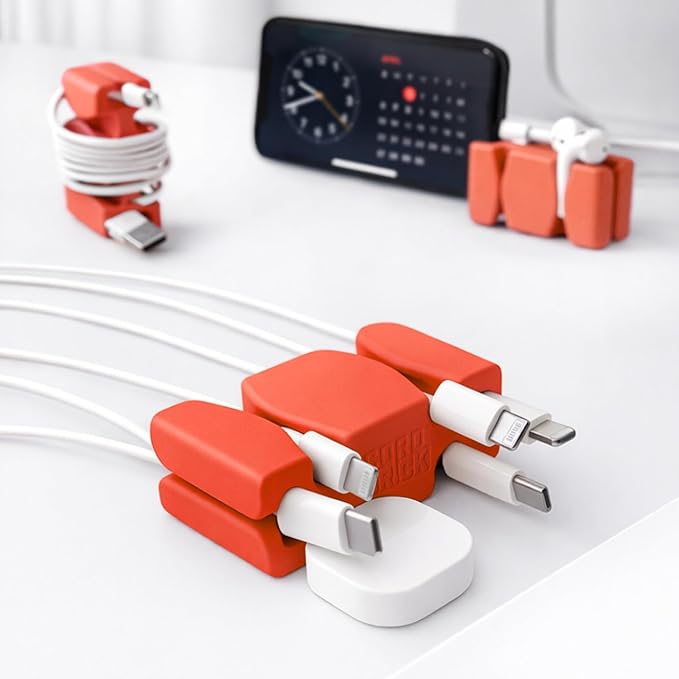 CordBrick Stocking Stuffers for Adults Cord Management Weighted Cord Holder Cable Wrap Phone Stand - Multiuse Gadget Organizer for Nightstand, Desk. Gift for Men, Durable Silicone. 4pk Coral