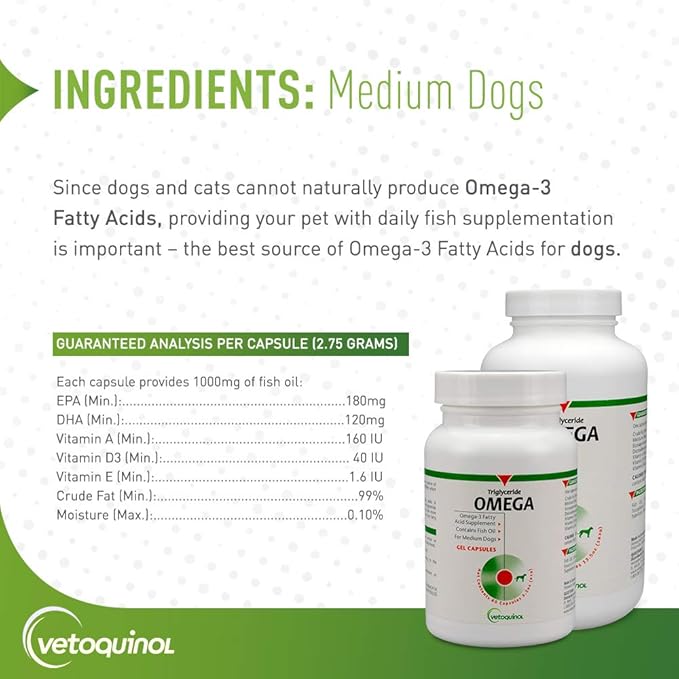 Vetoquinol Triglyceride Omega Dog Supplement Capsules, Medium-Breed: 30-60 lbs, 60ct