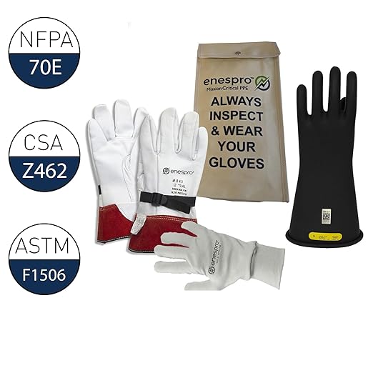 Enespro Class 2 Black Rubber Voltage Insulating Glove Premium Kit with FR Knit Glove and Leather Protectors, Max. Use Voltage 17,000V AC/ 25,500V DC (KITGC210AG)