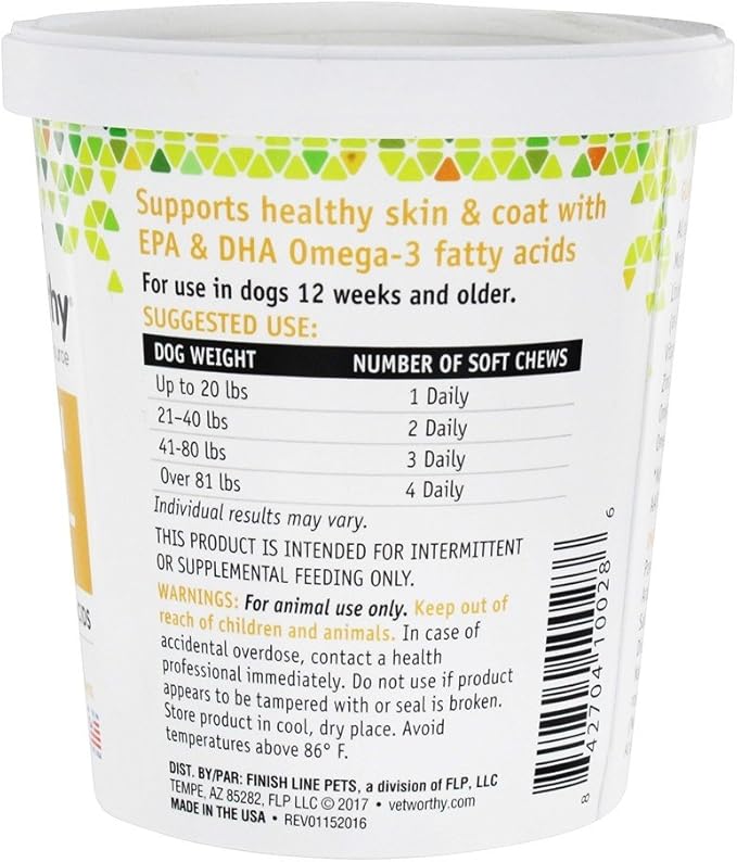Vet Worthy Salmon Oil Skin and Coat Soft Chews for Dogs - Dog Supplement to Support Healthy Skin and Beautiful Coat - Fish Oil Supplement with Omega 3 Fatty Acids - Salmon Flavor - 30 Soft Chews
