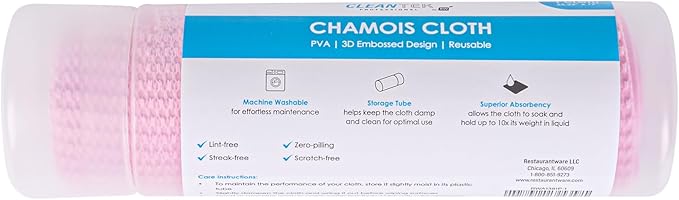 Restaurantware-Clean Tek Professional 25.2 x 16.9 Inch Chamois Cloths, 20 Reusable Microfiber Towels - Storage Tube Included, Absorbent, Pink PVA 3D Microfiber Cleaning Rags, for Windows Or Cars