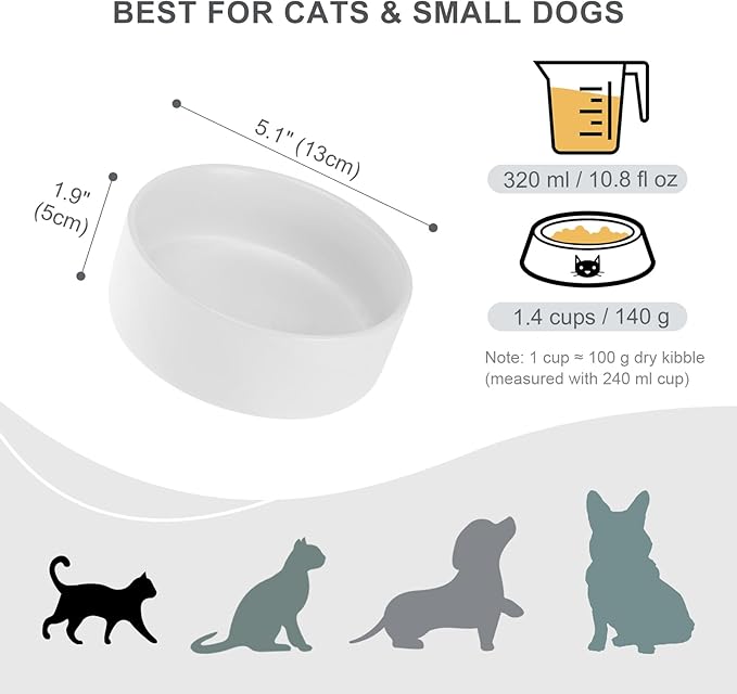 Ceramic Dog Bowl for Food and Water - Pet Feeder Bowl for Small Dogs and Cats - Heavy Ceramic Feeding Dish with Non Slip Base - Dishwasher & Microwave Safe - 5 Inch - 1.4  Cups - White