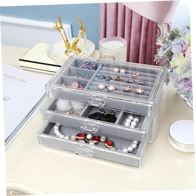 Acrylic Makeup Organizer Box 3 Layers Jewelry Storage Case for Cosmetics and Accessories for Vanity Table and Bedroom Display