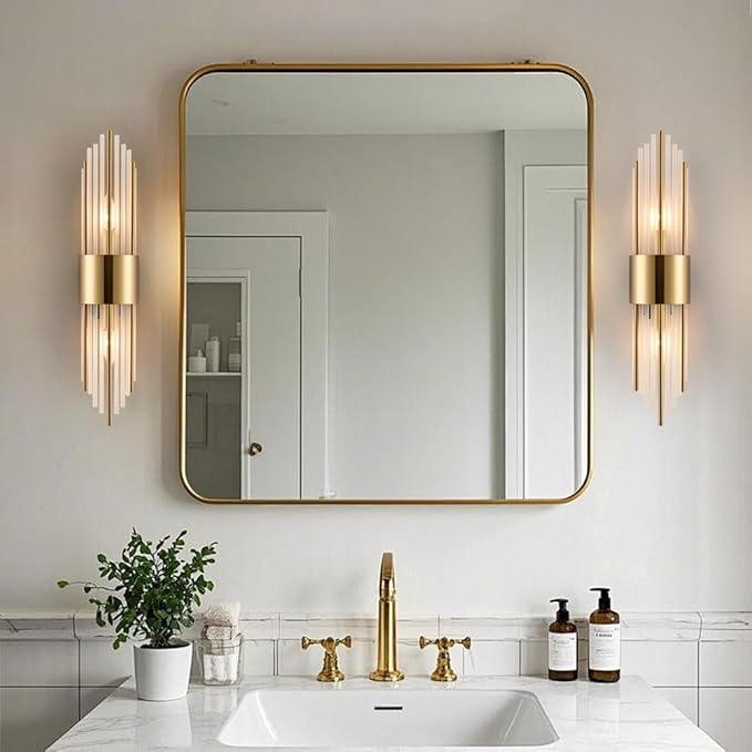 2-Light Modern Crystal Wall Sconces Titanium Gold Vanity Wall Light with Frosted Glass Luxury Set of 2 Wall Light Fixtures for Bedroom Living Room Dining Room Vanity Mirror Light