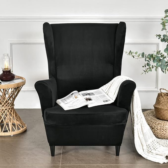OBCREAT Wingback Chair Covers,2 Piece Stretch Velvet Wingback Chair Slipcover Soft Wing Chair Sofa Covers with Elastic Bottom,Armchair Couch Cover Furniture Protector for Living Room (Black)