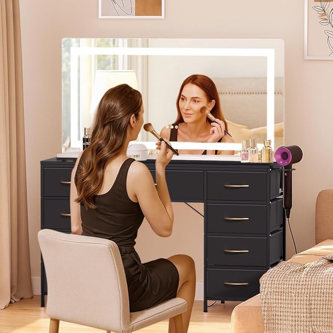 COMHOMA Vanity Desk with Large Mirror,LED and Power Outlet,Makeup Table with 9 Storage Drawersand HD Mirrors,3 Color Modes Adjustable Lighting for Bedroom Dressing Room (Black, 47inch)