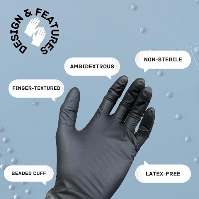 PackagingSuppliesByMail PSBM Black Nitrile Disposable Gloves, 1000 Count, Textured Fingertips, Latex and Powder Free