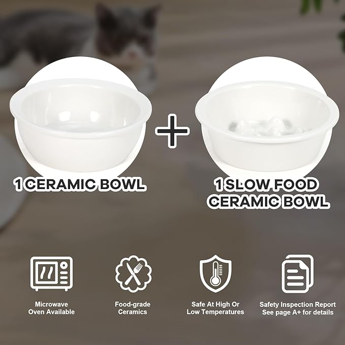 Upgraded Adjustable Height Cat Food Bowls Stand Ceramic Dog Bowls and Slow Feeder Cat Bowl, 15°Tilted Stand Anti Vomiting Raised for Small and Medium Sized Cats Dogs (White (2 Bowl+Pet mat))