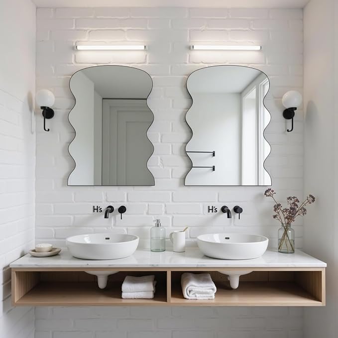 Rectangle Wavy Wall Mirror for Bathroom,20"x28" Black Scalloped Wood Frame Vanity Mirror Decorative for Bedroom Living Room Home House Office Entryway