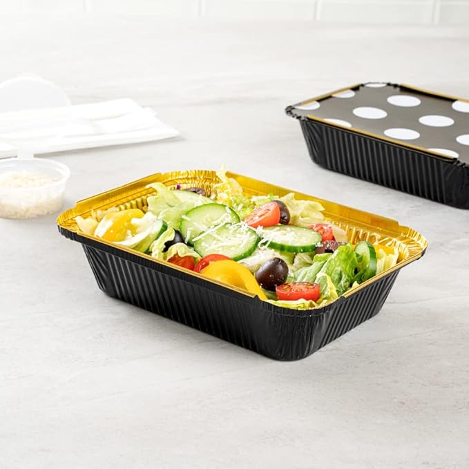 Restaurantware 16 Ounce Disposable Takeout Containers 50 Rectangle Food Containers - With Polka Dot Lids Black And Gold Takeaway Containers Aluminum Delivery Containers Freezable