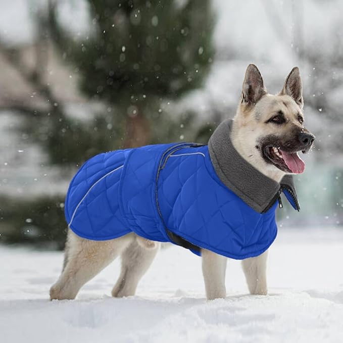 Kuoser Dog Coat, Super-Warm Dog Jacket Windproof Pet Cold Weather Coats for Extra Large Dogs, Fleece Lining Quilted Turtleneck Puppy Snowsuit Reflective Adjustable Doggie Winter Clothes, Blue, 3XL