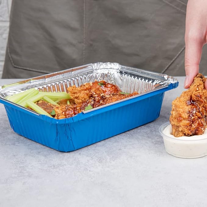 Restaurantware-16 Ounce Disposable Takeout Containers, 50 Rectangle Food Containers - With Polka Dot Lids, Blue Takeaway Container, Aluminum Delivery Container, Freezable