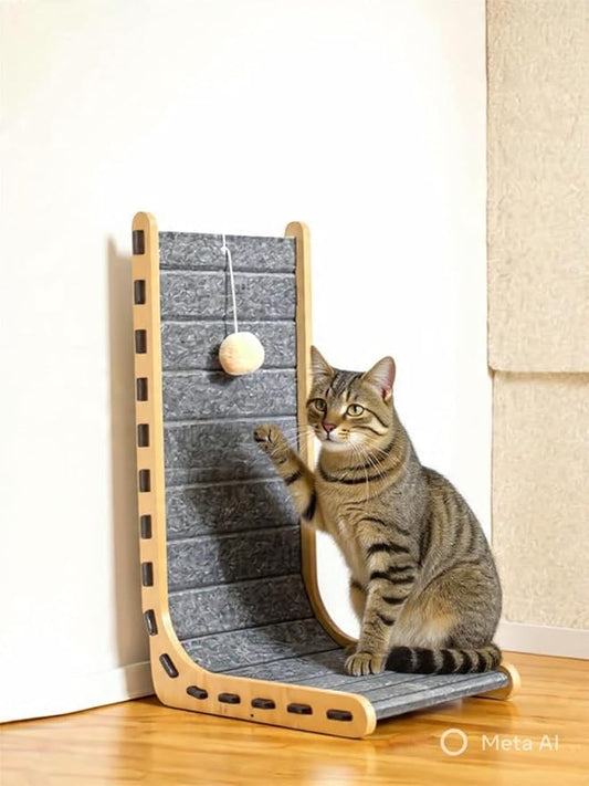Cat Scratching Post with Hanging Toy Ball, 26.8" Tall Wood Frame with Felt Pad, Furniture Protection Scratcher for All Cats (Gray)