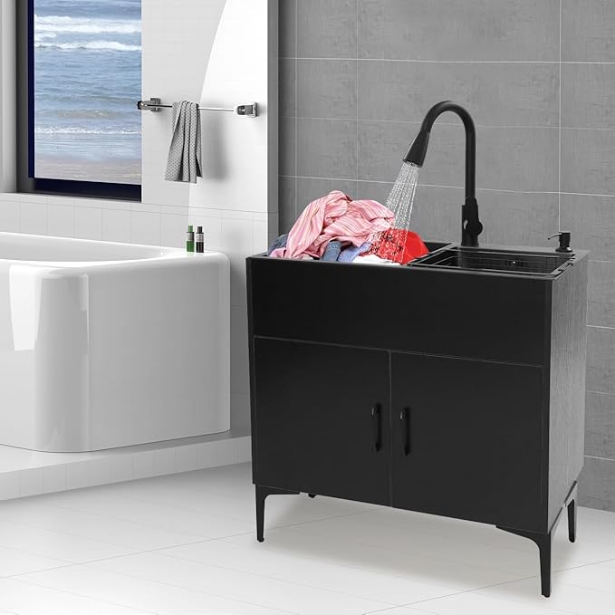 30-Inch Laundry Sink with Cabinet and Pull-Out Sprayer Faucet, Freestanding Kitchen Sink Cabinet with Stainless Steel Sink & Draining Basket, Wash Station Tub for Laundry & Bathroom, Kitchen