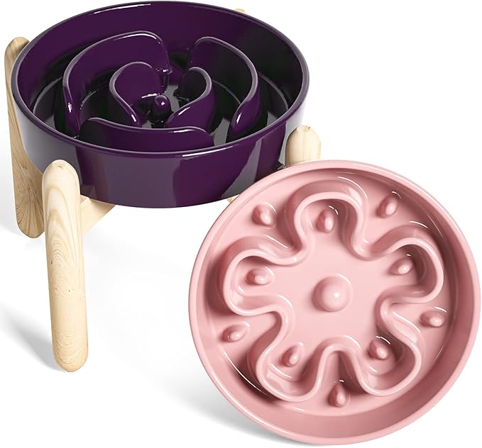 LE TAUCI Ceramic Slow Feed Raised Dog Bowls with Wooden Stand, Anti-Gulping Pet Feeding Dishes for Medium Dogs, Non-Slip, Easy to Clean, 8 Inch