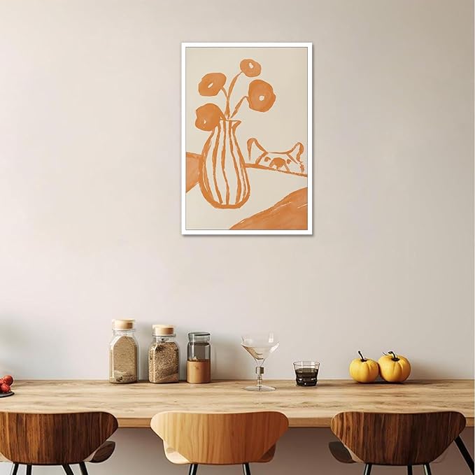 Funny Sneaky Dog Poster Retro Still Life Kitchen Canvas Wall Art Modern Abstract Floral Watercolor Animal Prints Painting For Living Room Kitchen Dining Room Wall Decor 24x36in Unframed