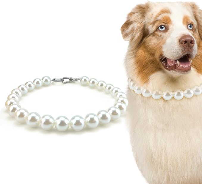 KUDES Chunky Pearl Dog Necklace (Beads 20mm),Elegant Classic Super Big Pearl Collar Necklace Accessories for Medium Large Dogs Occasions and Gatherings (White, 2XL(Neck Girth 19''-21.5''))