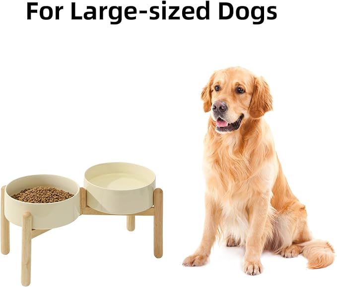 Ceramic 8.2inch Raised Dog Bowl with Stand for Large- Breed Dogs, Pet Food and Water Feeder (Double Bowl with Stand - Light Yellow)