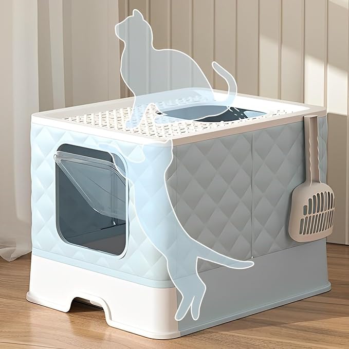 Gagee Foldable Cat Litter Box, Extra Large Front Entry Top Exit Box with Lid, Drawer Type Enclosed Kitty Scoop, Anti-Splashing Toilet Easy Cleaning,Blue