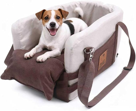 JZXOIVA Console Dog Car Seat & Travel Bed for Small/Medium Dogs, Booster Dog Car Seat with Safety Tether, Non-Slip Base, Washable Cover, Front or Back Seat Pet Carrier Bed, Black