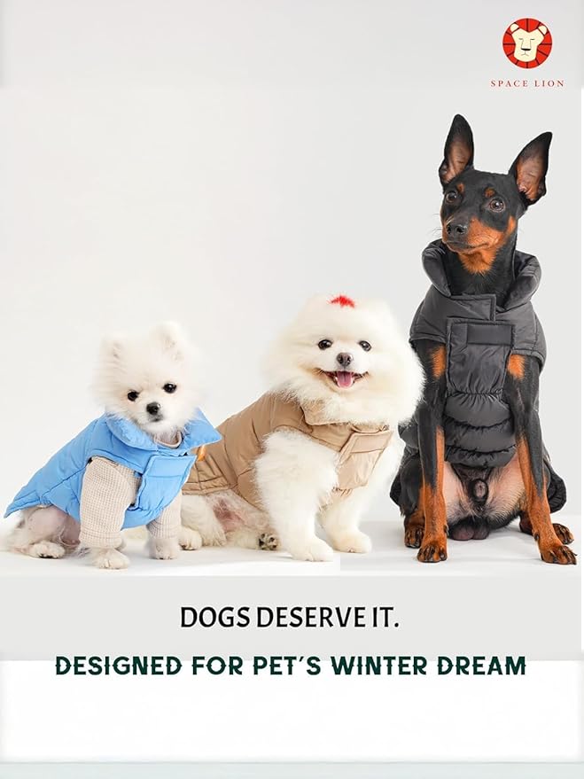 SPACE LION Dog Puffer Jacket, Down Winter Coat, Durable Outdoor Coat for Cold and Windy Conditions, Lightweight & Adjustable Fit Coats for Medium Dogs, (Black, Size14/L)